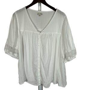 Wonderly‎ White Oversized Lace-Trim Button Front Blouse XL Boho Romantic